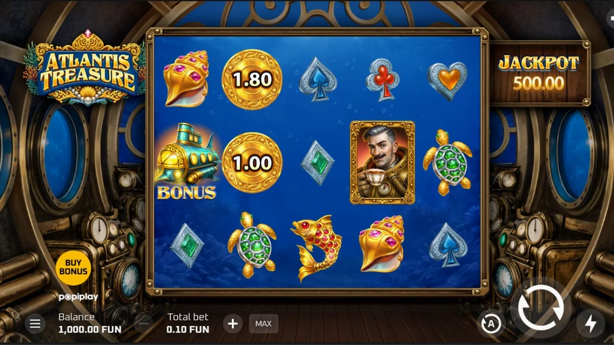 Pemandangan visual slot Atlantis Treasure dengan tema steampunk bawah laut