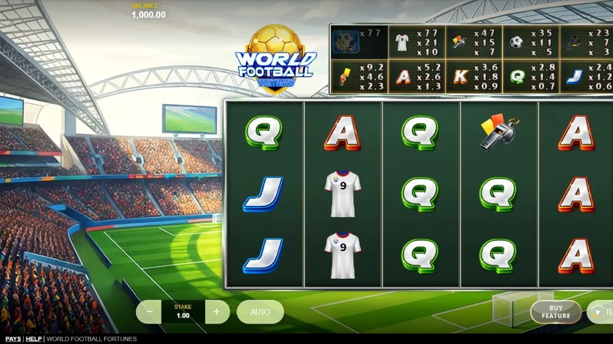 Tampilan visual slot World Football Fortunes dengan latar belakang stadion yang meriah.